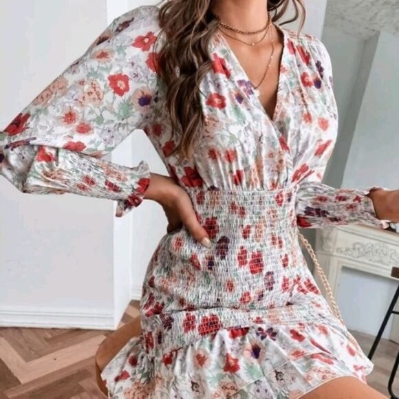 MULTICOLOR FLORAL RUFFLED HEM DRESS - Picture 1 of 9